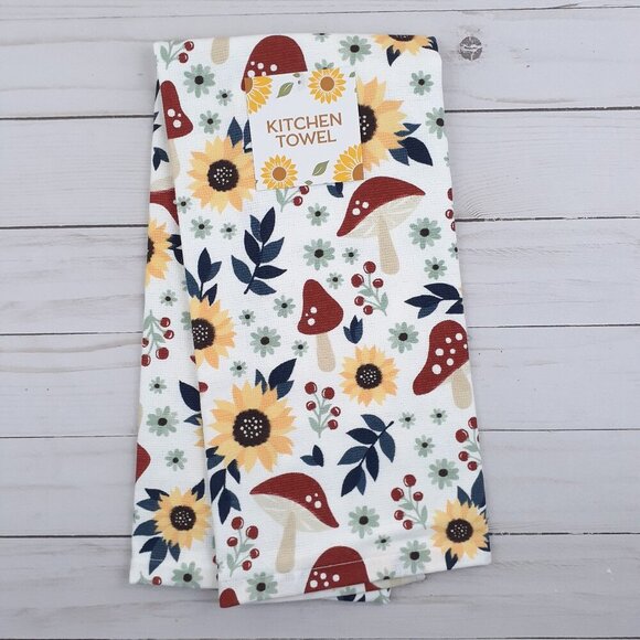 Fall Kitchen Dish Towel Floral Mushroom Navy Leaves Woodland Dual Purpose - Picture 1 of 3